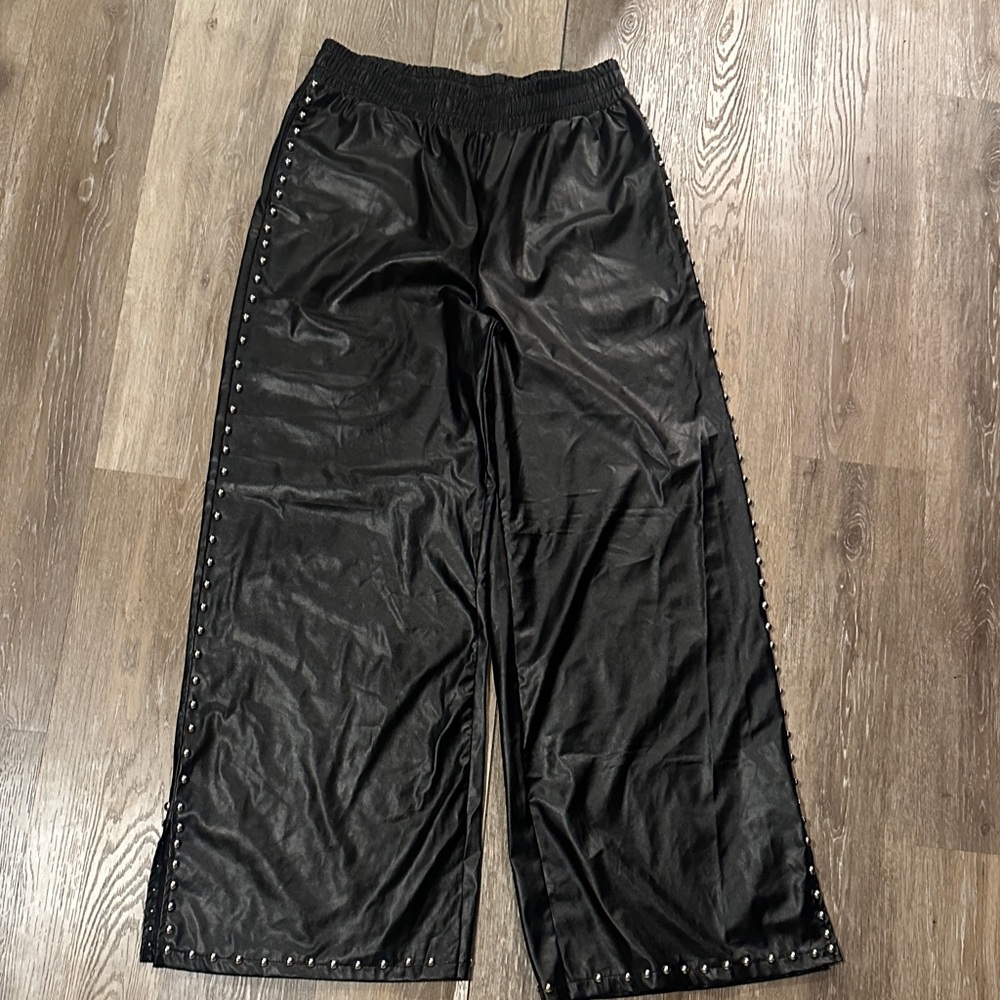 Black Faux Leather Wide-Leg Pants with Stud Trim